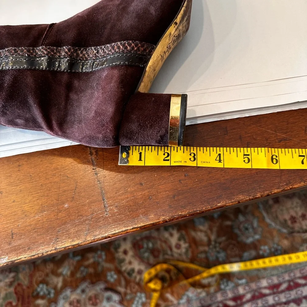 Tori Burch size 7 Brown Gold‎ Sabina suede and snake tall riding heeled boots
